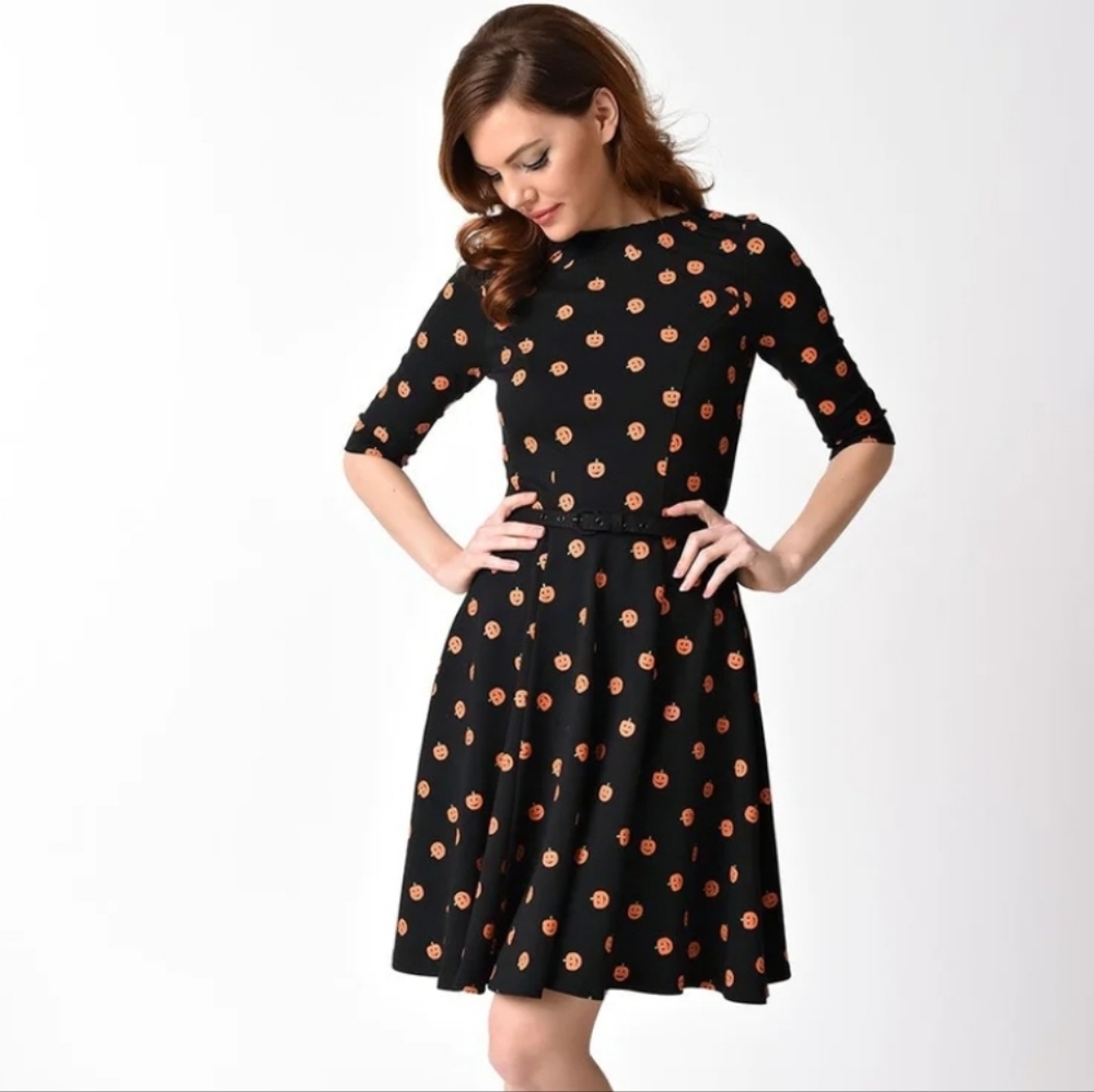 Unique Vintage Stephanie Pumpkin Patch Knit Flare Dress NWOT